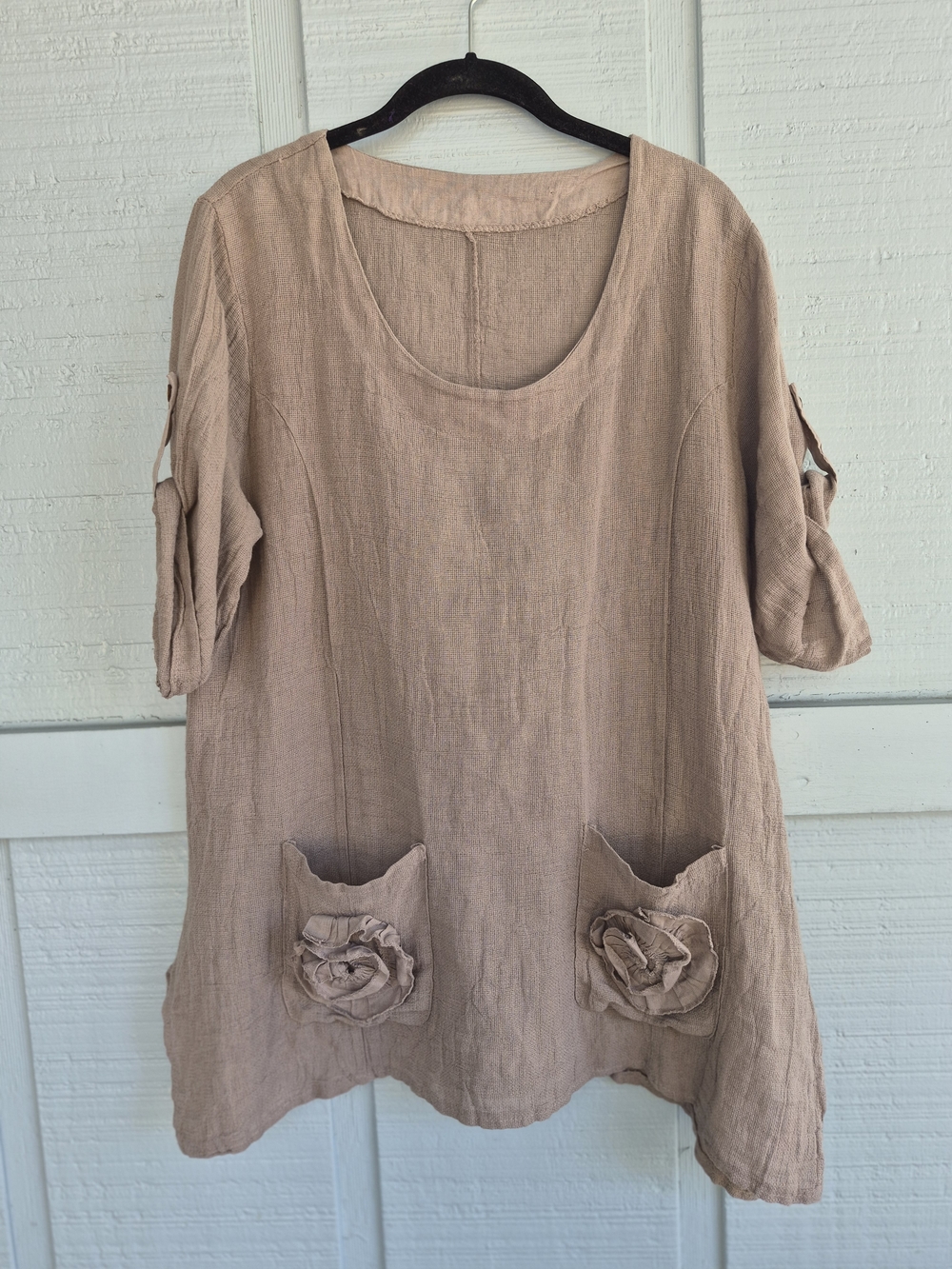 Cotton Linen Tunic  with Floral Accent Pockets Beige Large Made In Italy